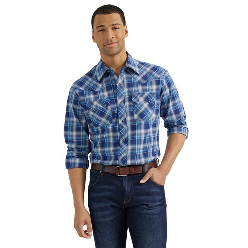 Wrangler Mens Navy Blue Plaid Retro Long Sleeve Snap Shir