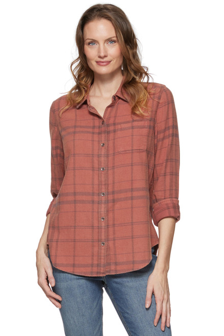 Threadgrit Ladies Red Multi Elena Woven Classic Long Sleeve Fit Shirt