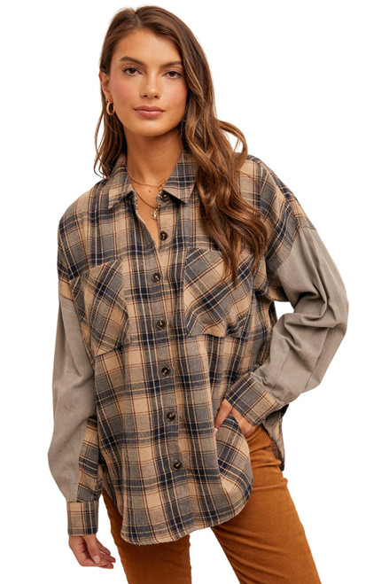 Hem & Thread Women's Slate Grey Oversized Plaid Snow Wash Button Down Long Sleeve Shirt