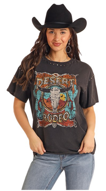 Rock & Roll Cowgirl Women's Black Desert Rodeo Graphic w/Studs Oversized Short Sleeve Shirt