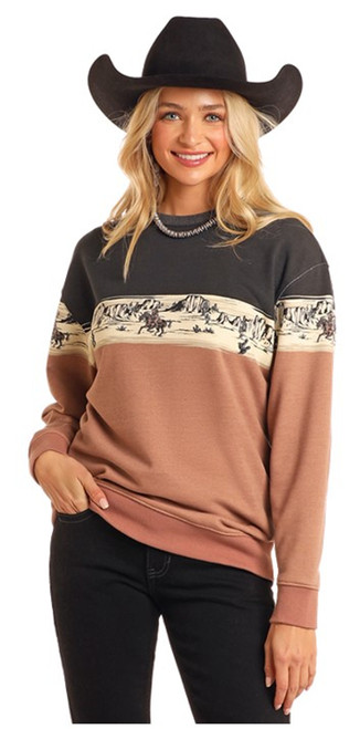 Rock & Roll Cowgirl Black & Mauve Scenery Border Long Sleeve Sweatshirt