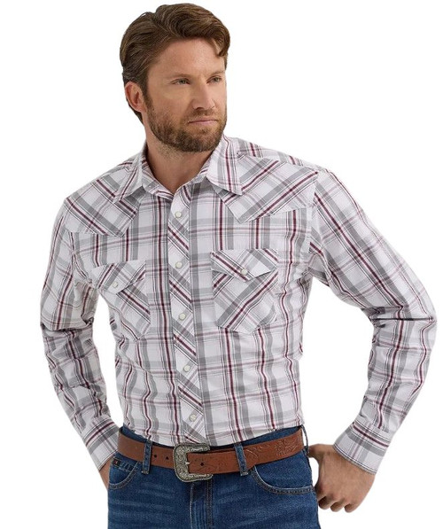 Wrangler Mens Gray Plum Plaid 20X Competition Snap Long Sleeve Shirt
