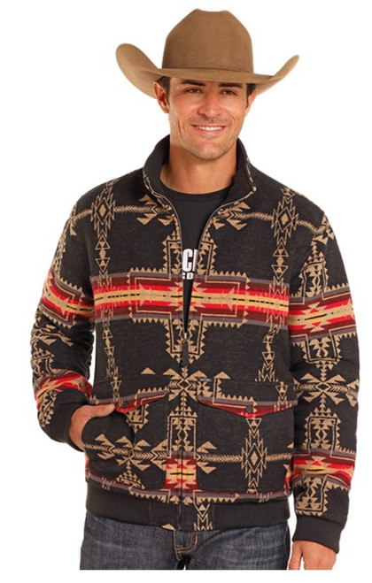 Rock & Roll Cowboy Men's Black & Red Large Aztec Jacquard Bomber Jacket