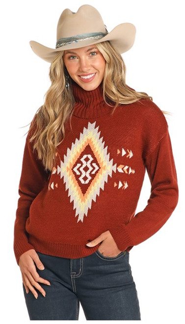 Rock & Roll Cowgirl Women's Solid Wine Long Sleeve Turtleneck Sweater with Aztec Print