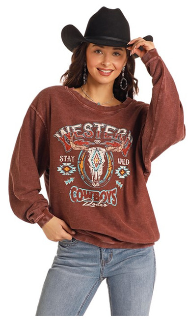 Rock & Roll Cowgirl Brown Western Cowboys Graphic Ribbed Long Sleeve Pullover