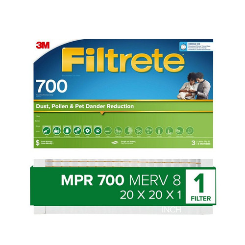 Filtrete Pleated Air Filter, 20 in L, 20 in W, 8 MERV, 700 MPR, Fiberglass Frame