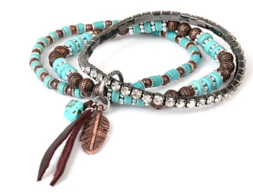 Cowgirl Confetti Triple Layered Turquoise & Brown Beaded Winds Guide Bracelet