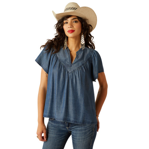 Ariat Women's Medium Blue Emma Short Sleeve V-Neck Flare Top
