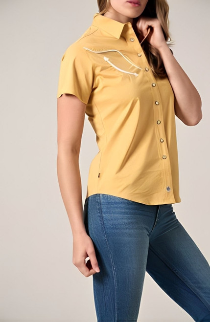 Kimes Ranch Womens Gold Longhorn Snap Short Sleeve Shirt