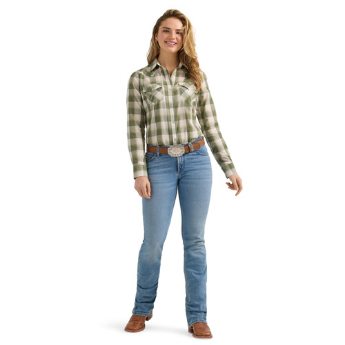 Wrangler Womens Retro Green Western Long Sleeve Snap Shirt