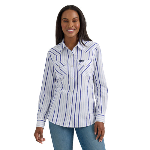 Wrangler Womens Retro White and Blue Western Dress Snap Long Sleeve Shirt