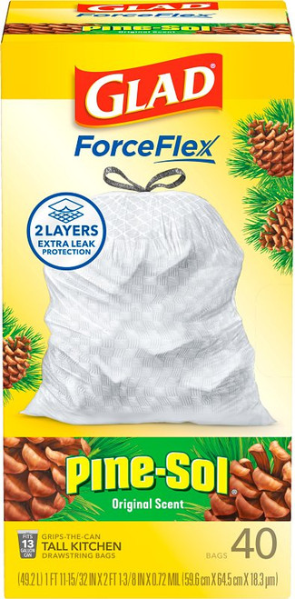 Glad ForceFlex Series 22372 Pine-Sol Scented Trash Bag, 13 gal, Plastic, White