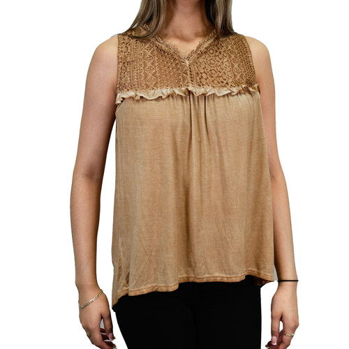 Cowgirl Hardware Ladies Tan Conservative Boho Vintage Inspired Lace Sleeveless Tank Top