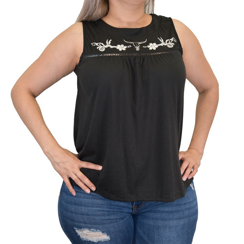 Cowgirl Hardware Ladies Black Floral Skull Embroidered Chest Tank Top