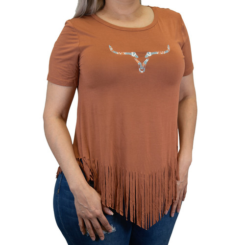 Cowgirl Hardware Ladies Mocha Embroidered Aztec Skull Fringed Short Sleeve Shirt