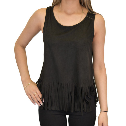 Cowgirl Hardware Ladies Solid Black Faux Suede Fringed Hem Tank Top