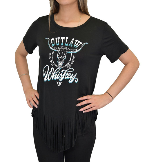 Cowgirl Hardware Ladies Black & Turquoise Outlaw Whiskey Skull Printed Fringed Short Sleeve Shirt