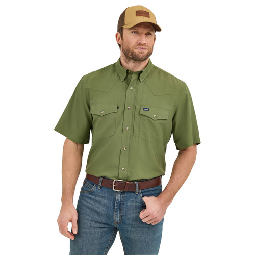 Wrangler Mens Green Performance Snap Short Sleeve Shirt