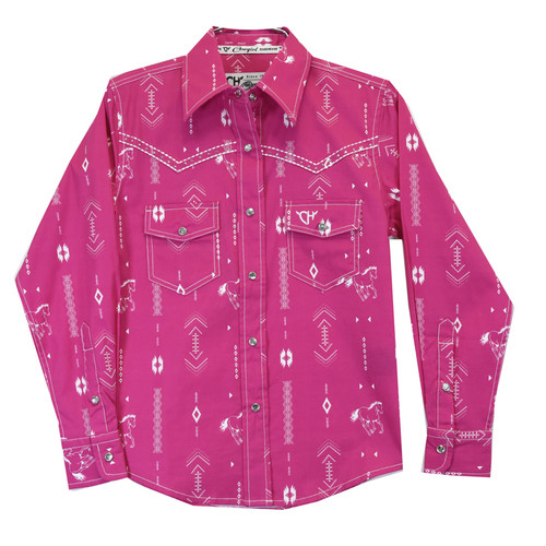 Cowgirl Hardware Girls Hot Pink with White Aztec Horse Print Long Sleeve Western Snap Shirt