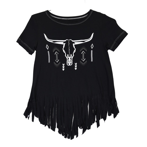 Cowgirl Hardware Girls Black Aztec Skull Printed Screen Short Sleeve Fringed Hem Shirt