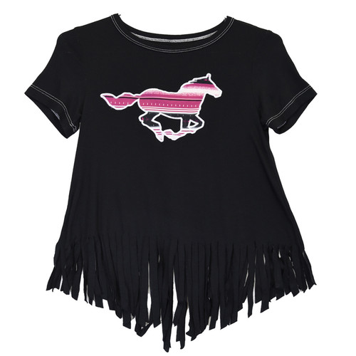 Cowgirl Hardware Girls Black with Pink Serape Print Horse Graphic Short Sleeve Fringed Hem Shirt