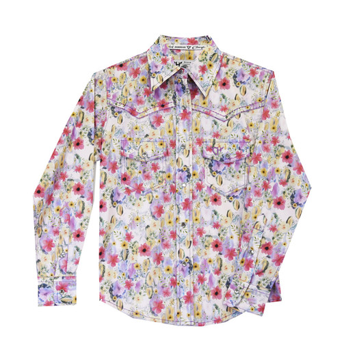 Cowgirl Hardware Girls Pink with Multi-Color Floral Print Long Sleeve Western Snap Shirt