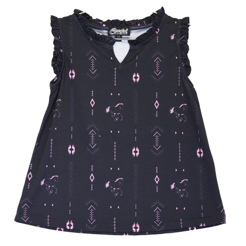 Cowgirl Hardware Girls Black Aztec Horse Print Ruffled V-Neck Sleeveless Tank Top