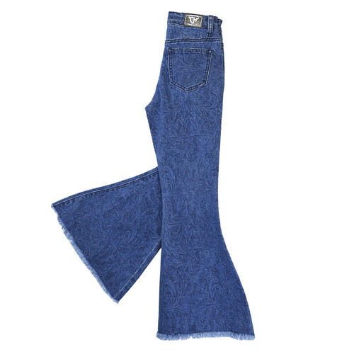 Cowgirl Hardware Toddler Girls Floral Tooled Frayed Medium Wash Bell Bottom Jeans
