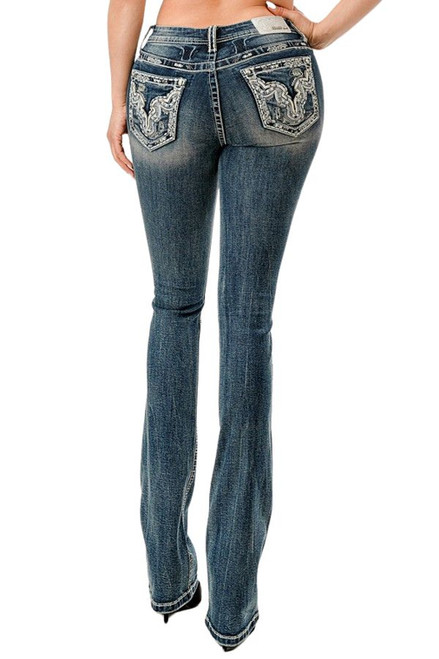 Grace In LA Ladies White Longhorn Embroidered Pocket Dark Wash Denim Bootcut Jeans
