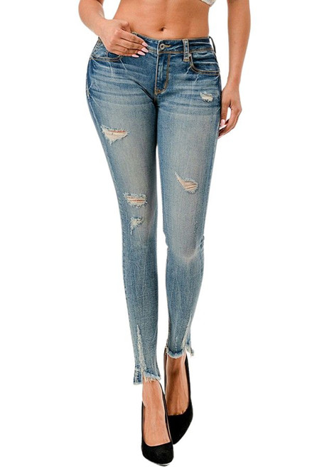 Grace In LA Ladies Skinny Distressed Rough Hem Medium Wash Denim Jeans