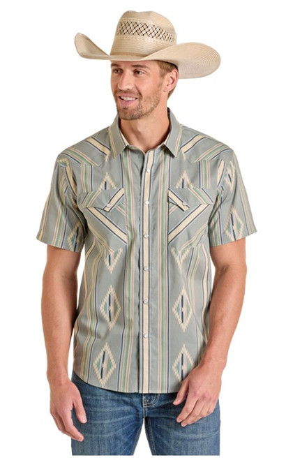 Panhandle Men's Grey Modern Vintage Striped Pattern Short Sleeve Snap Shirt