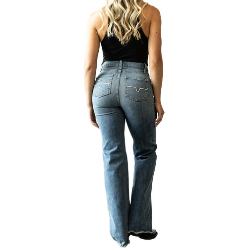 Kimes Ranch Ladies High Rise Olivia Light Blue Denim Raw Hem Flare Jeans