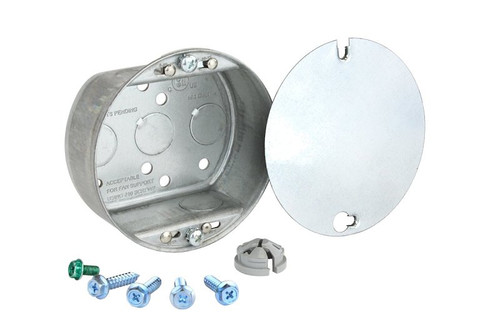 Southwire 54151-FANNB-UPC Ceiling Box, 4 in W, 1-1/2 in D, 9-Knockout, Steel, Silver, Galvanized