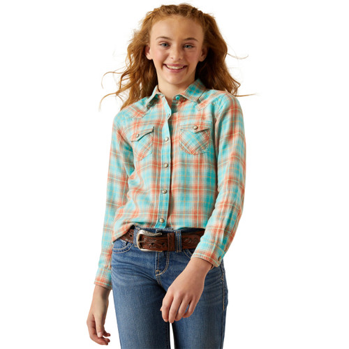 Ariat Girls Blue & Coral Plaid Print Eden Long Sleeve Snap Up Shirt