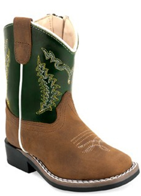 Old West Girls Toddler Brown and Green Leather Broad Square Toe Boots