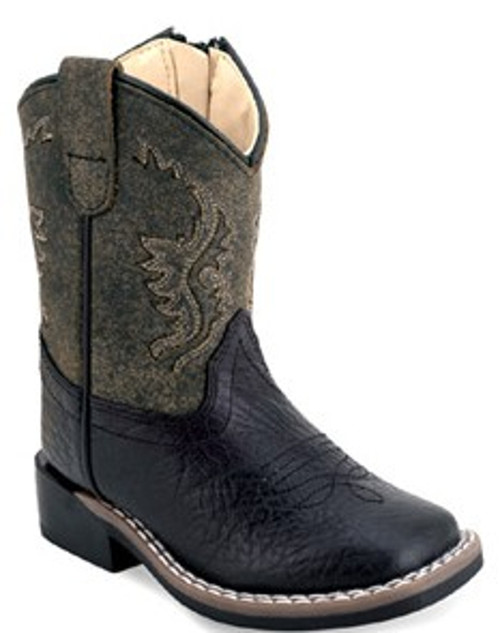 Old West Boys Toddler Black and Grey Leather Broad Square Toe Boots