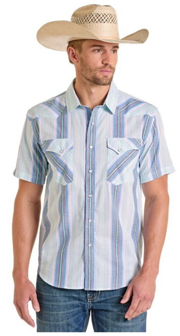 Panhandle Men's Blue Modern Vintage Striped Pattern Short Sleeve Snap Up Shirt