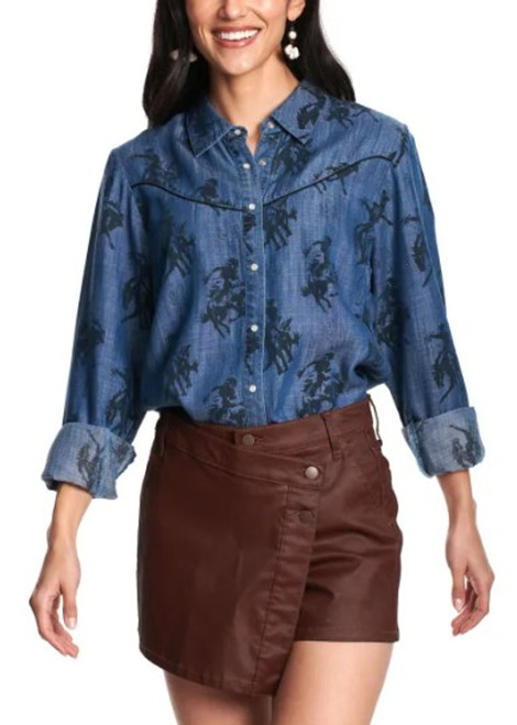 Cotton & Rye Ladies Blue Denim Buckaroo Print Long Sleeve Button Up Shirt