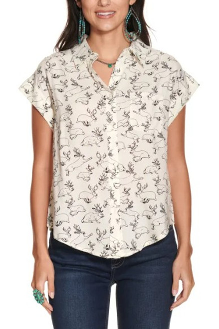 Cotton & Rye Ladies White Jackalope All Over Print Short Sleeve Button Up Shirt