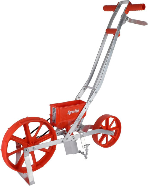 Agri-Fab 45-0640 3lb Push Garden Seeder Planter with 7 Interchangeable Seed Plates for up to 20 Types of Seeds, Rust Resistant Plow Blade, Powder Coated Aluminum Frame, Orange