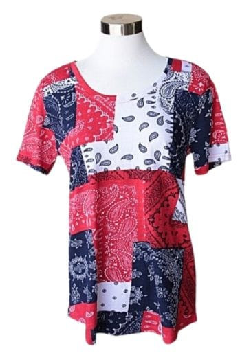 Keren Hart Women's Short Sleeve Red, White and Blue Paisley T-Shirt