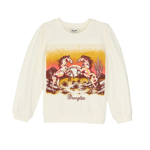 Wrangler Girls Horse White Puff Sleeve Pullover