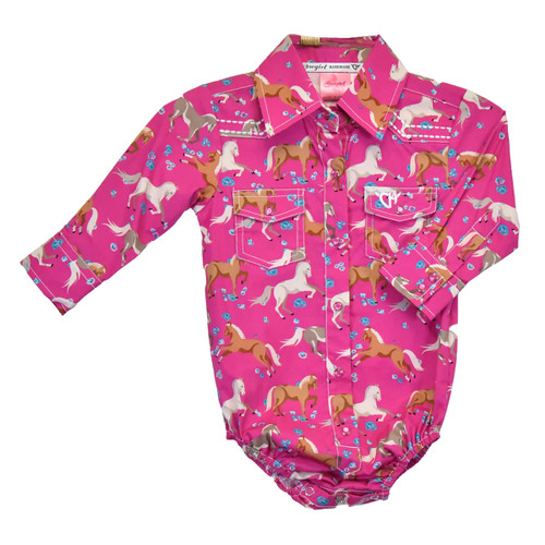 Cowgirl hardware Toddler Girls Pink Horse Allover Print Long Sleeve Western Snap Onesie