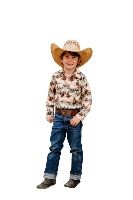 Shea Baby Toddler Boys Brown & Teal Western Print Long Sleeve Pearlsnap Shirt