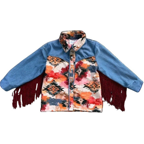 Shea Baby Toddler Girls Rust Aztec & Denim Fringe Long Sleeve Pearl Snap Shirt