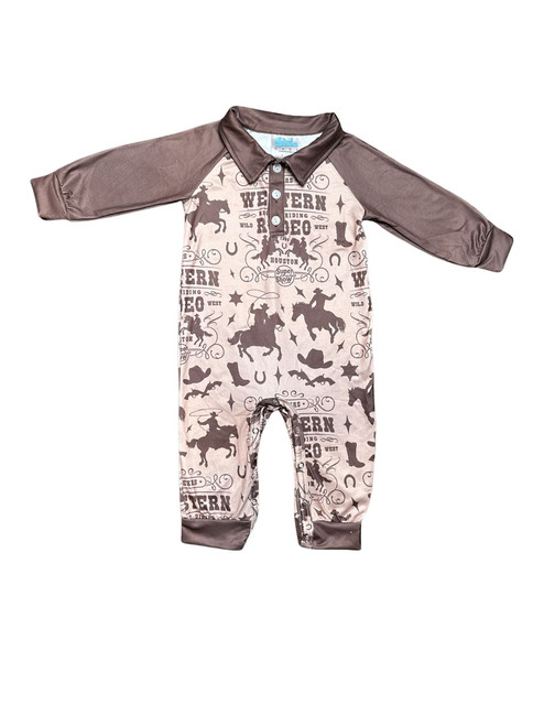 Shea Baby Infant Boys White & Brown Western Graphics Long Sleeve Romper