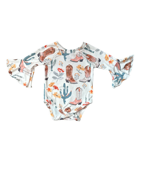 Shea Baby Infant Girls White Cactus & Boot Print Flared Long Sleeve Onesie