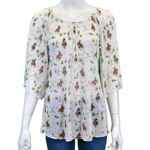 Cowgirl Hardware Ladies White Cowpoke Print Quarter Sleeve Chiffon Blouse