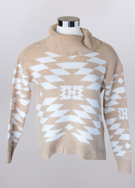 Keren Hart Women's Aztec Print Cowl Neck Pullover Sweater - Cream