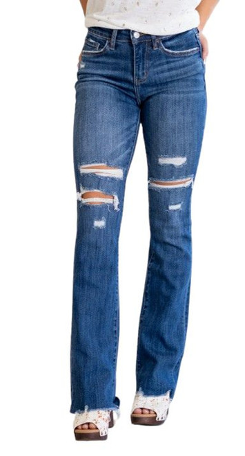 Vervet Ladies Poplar Path High Rise Distressed Classic Bootcut Dark Wash Denim Jeans